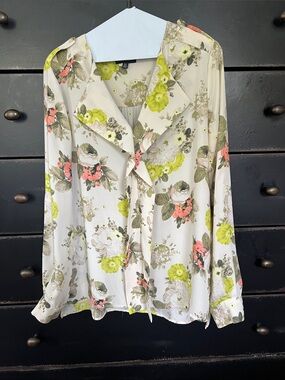 Lord & Taylor Cream Floral Blouse with Green and Coral Accents